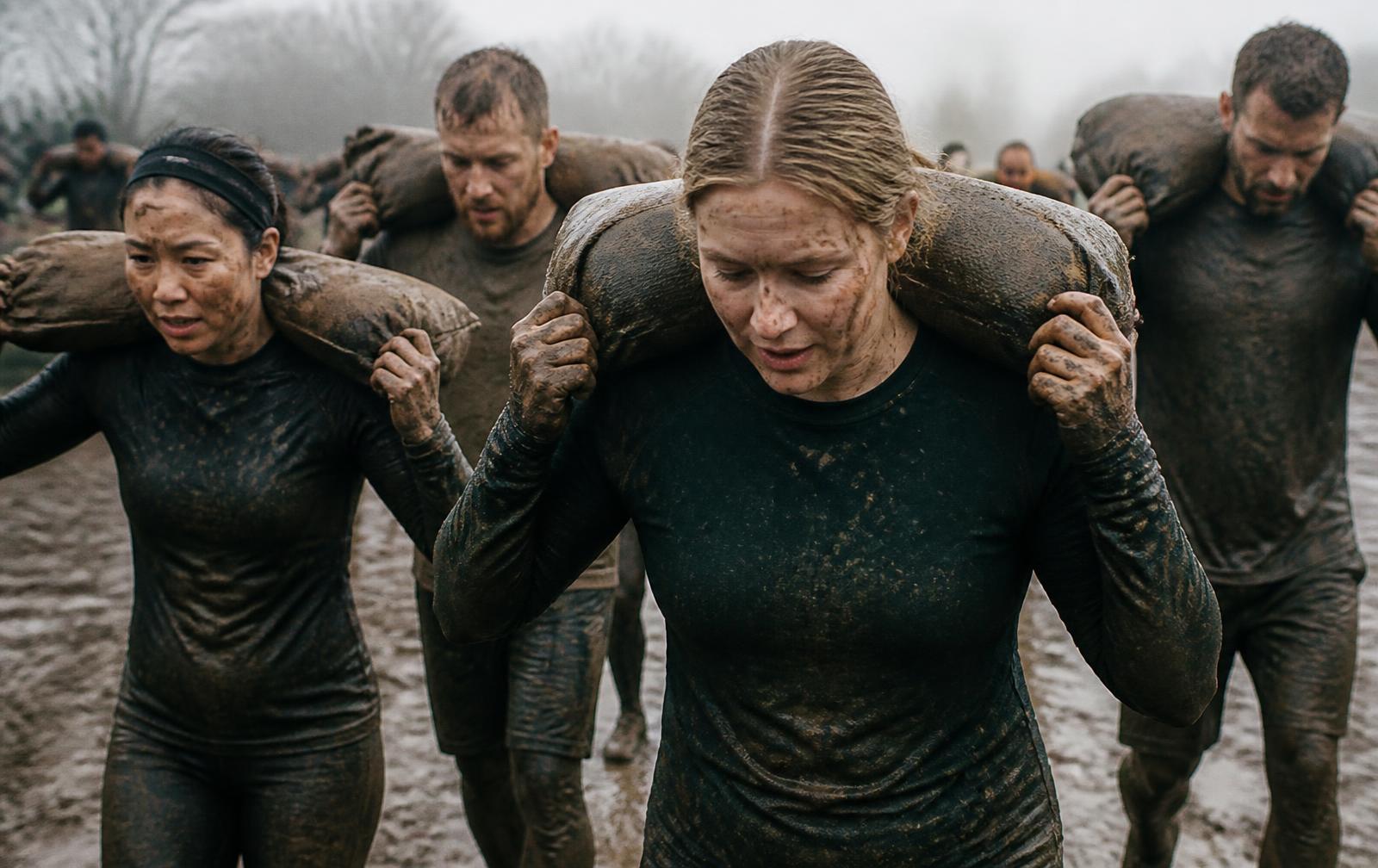 Men and women carrying sandbags through mud during an obstacle race