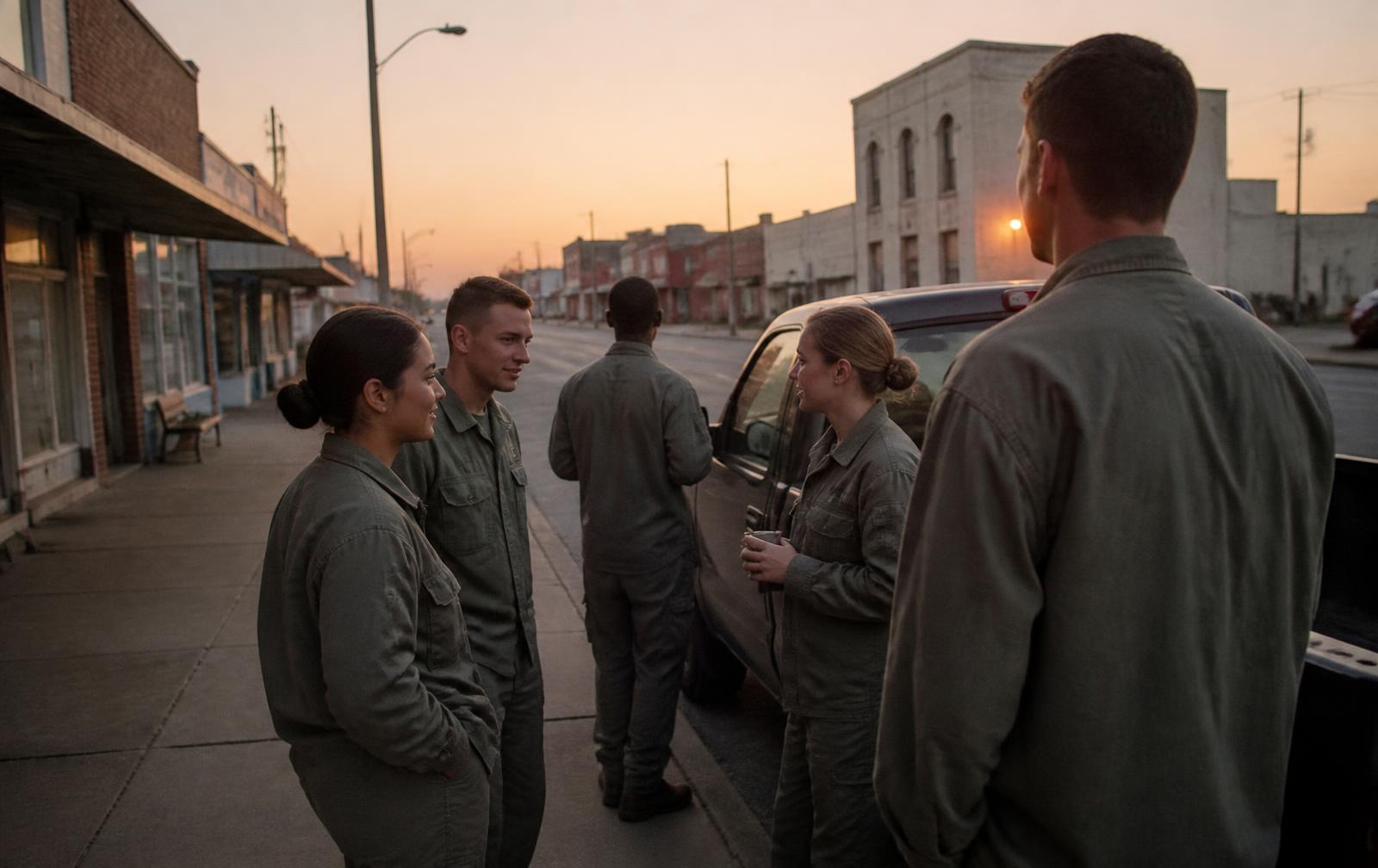 Service members in plain utility uniforms talking on a small-town main street at dawn