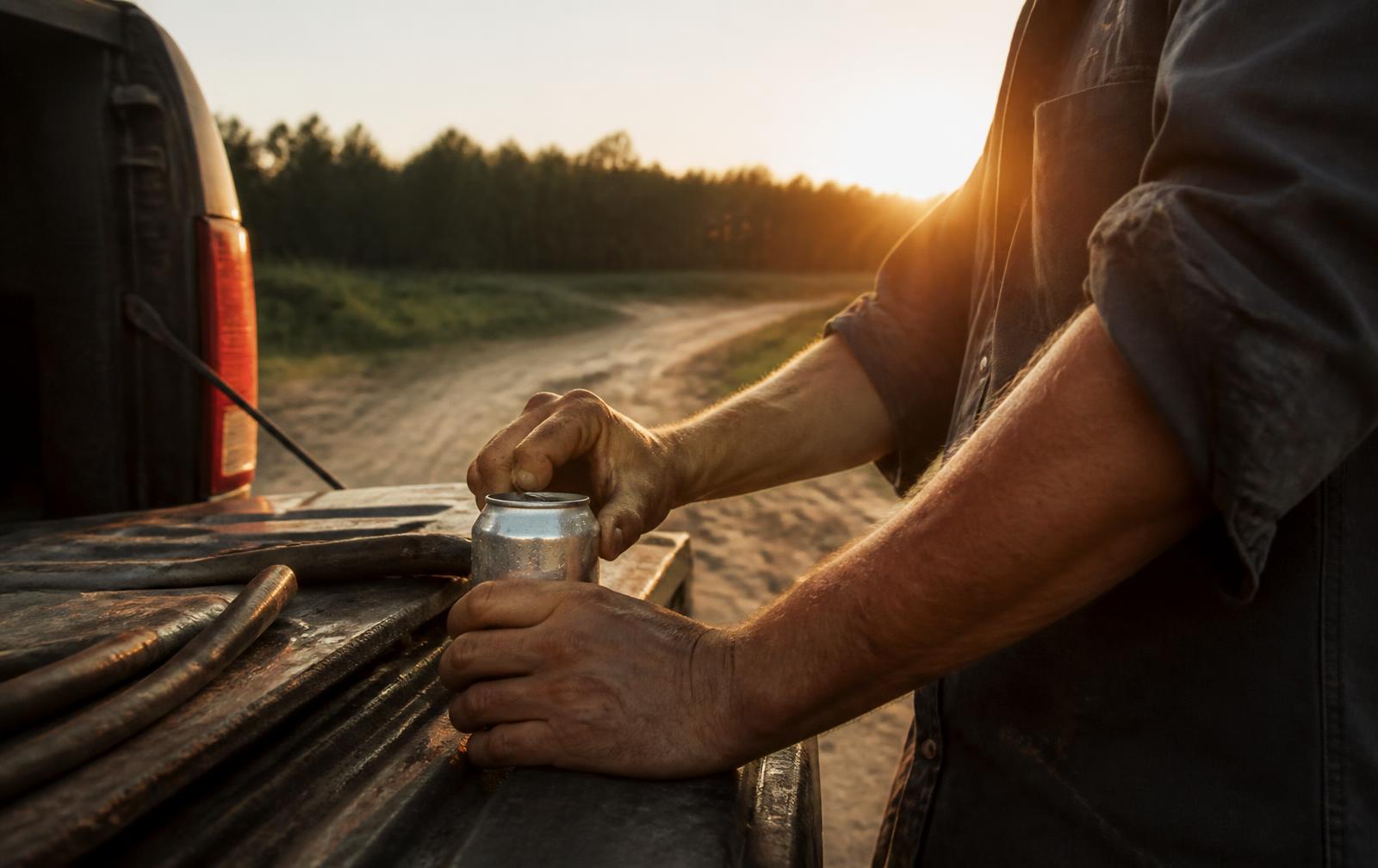 A tailgate at the end of the day, coolers open in the truck bed